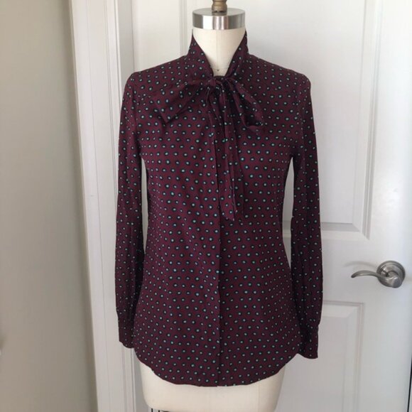 DKNY Burgundy Red Green Dots Print Silk Button Down Shirt - Picture 1 of 7